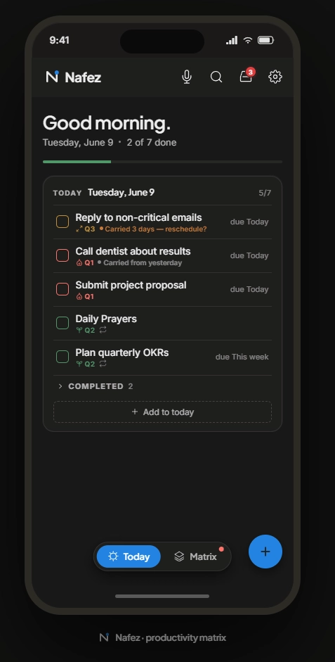 Nafez productivity matrix app screens